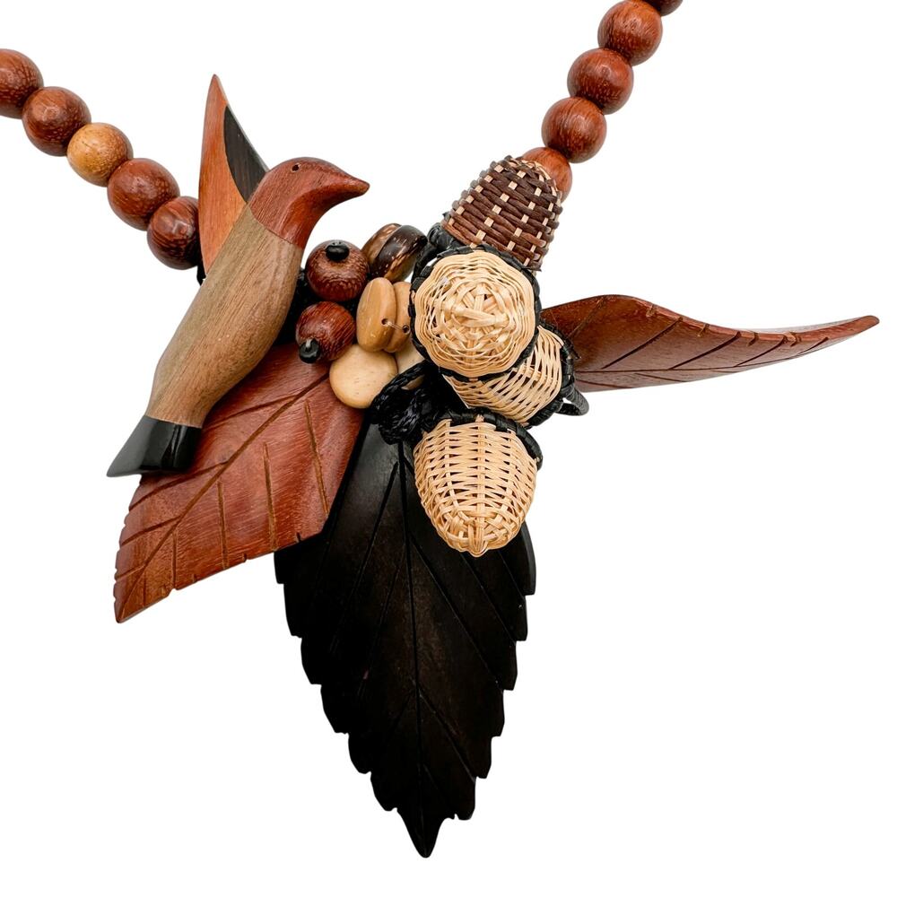 Carved Wood Hummingbird Statement Necklace Vtg Chunky Boho 1970s Beaded Handmade